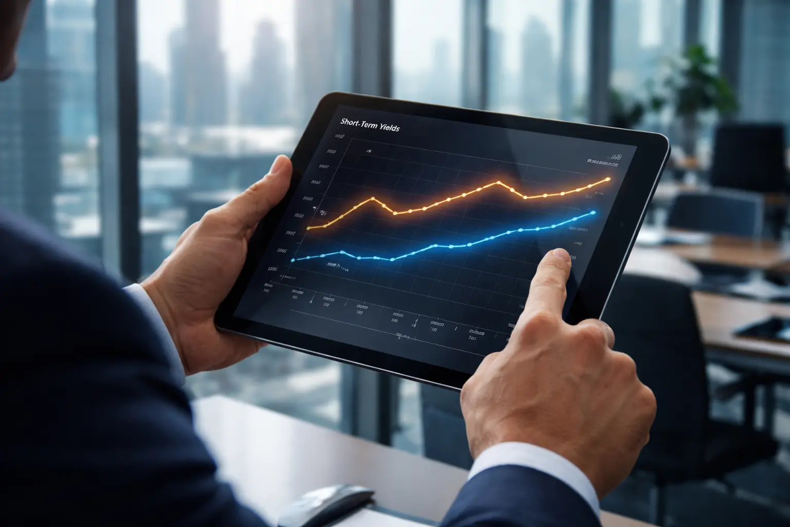 Financial professional holding a tablet displaying short-term and long-term bond yield line charts inside a modern Dubai corporate office.
