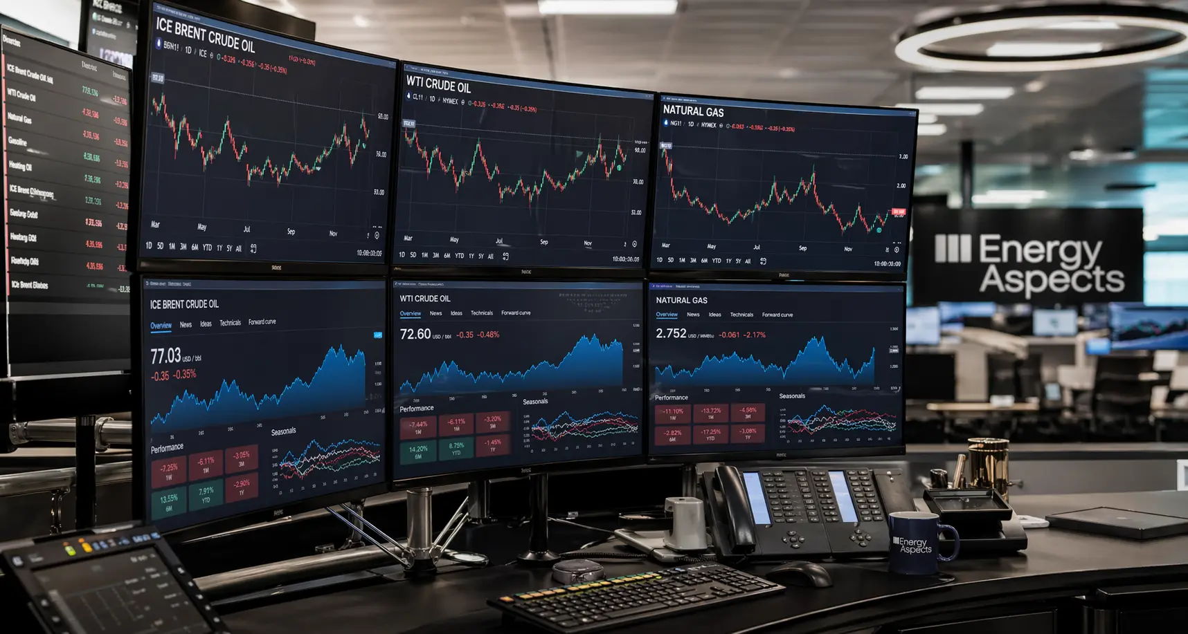 Ultra-realistic financial trading desk with multiple monitors displaying oil and natural gas price charts in a modern institutional trading environment.