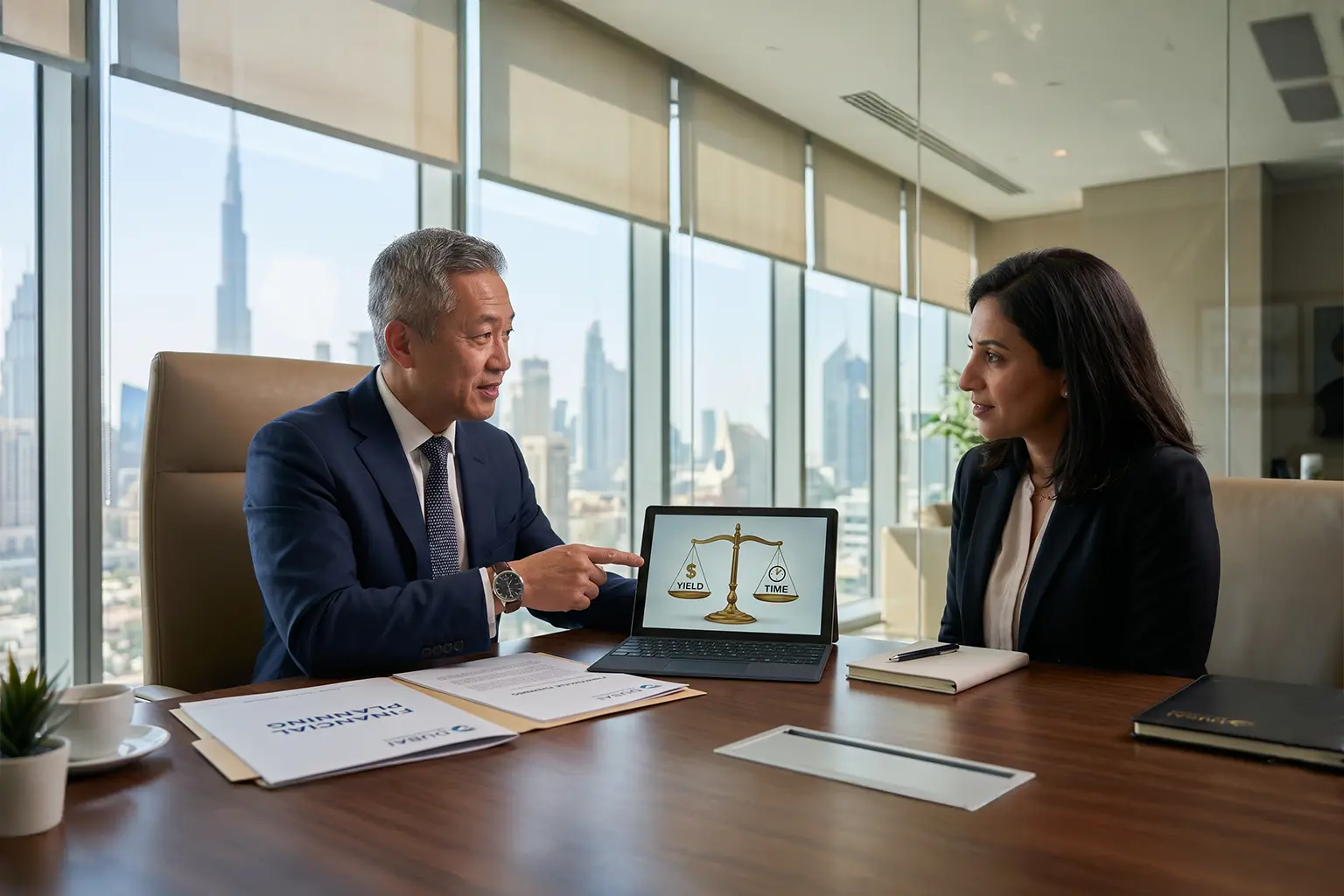 A seasoned financial advisor in a modern Dubai office showing a client a balanced scale of Yield and Time on a tablet.