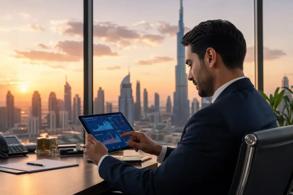 Professional financial analyst analyzing stock market data on a digital tablet in a modern office with Dubai skyline at sunset