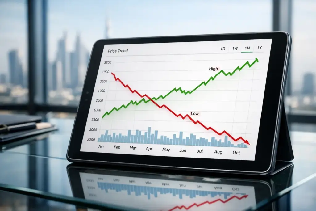Tablet displaying financial line chart with green upward trend and red downward trend showing inverse relationship in a Dubai office setting