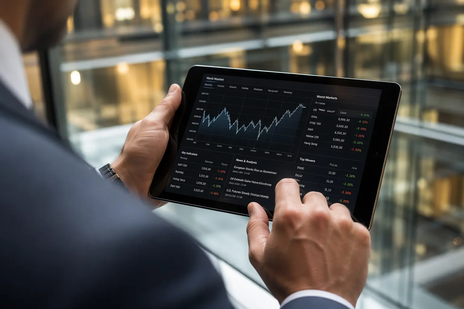 Close-up of an investor’s hands analyzing global market data and financial charts on a digital tablet in a modern financial district setting