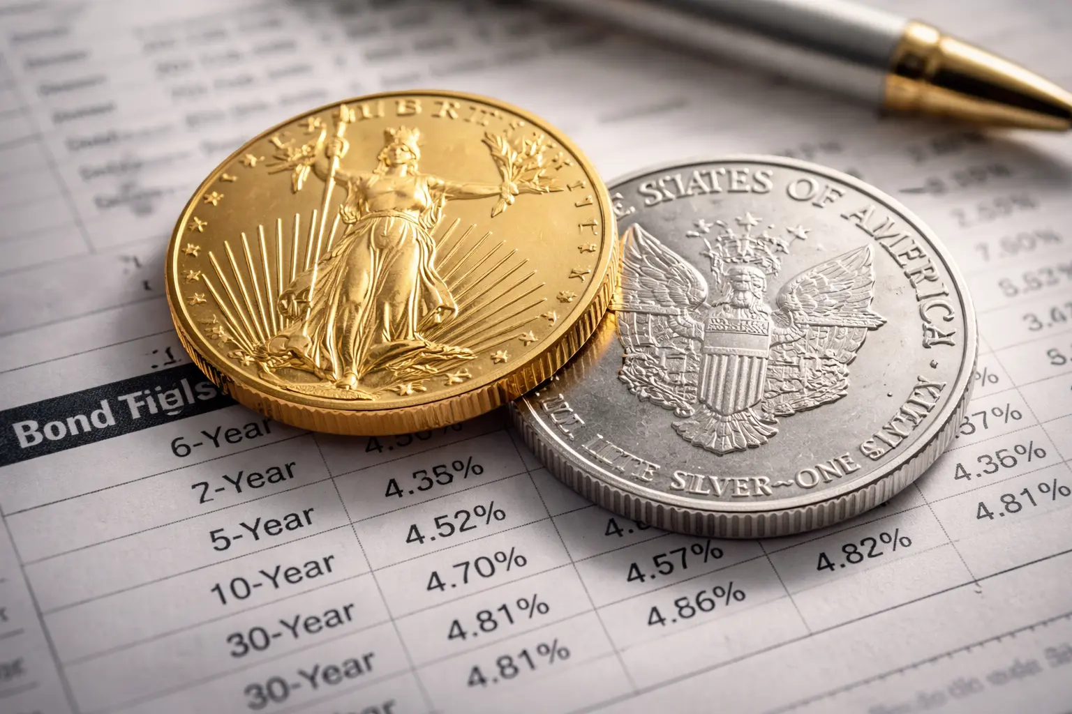 Gold and silver coins placed on a financial spreadsheet showing bond yields, representing wealth preservation and risk management strategies