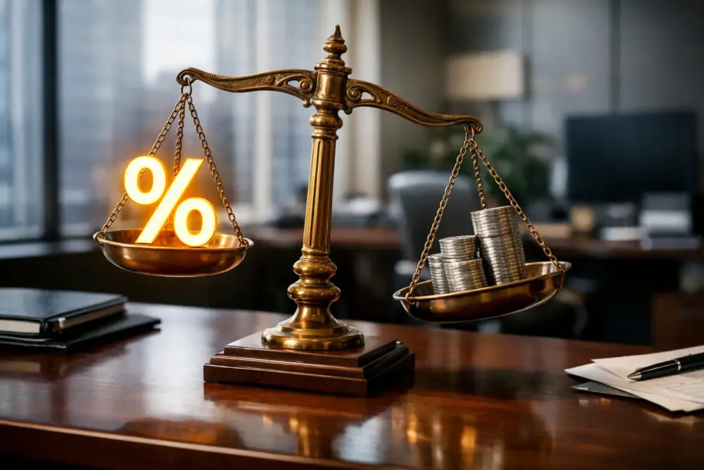 Brass balance scale showing inverse relationship between interest rates and bond prices with percentage symbol and stacked coins on a corporate desk