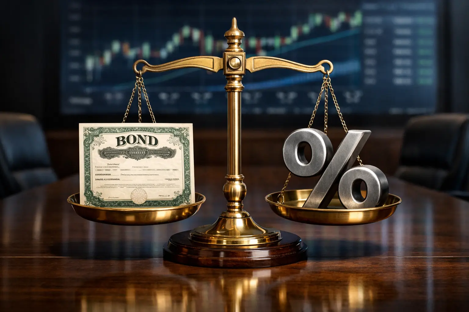 Brass balance scale comparing bond certificate and percentage symbol representing inverse relationship between interest rates and bond prices in a corporate boardroom