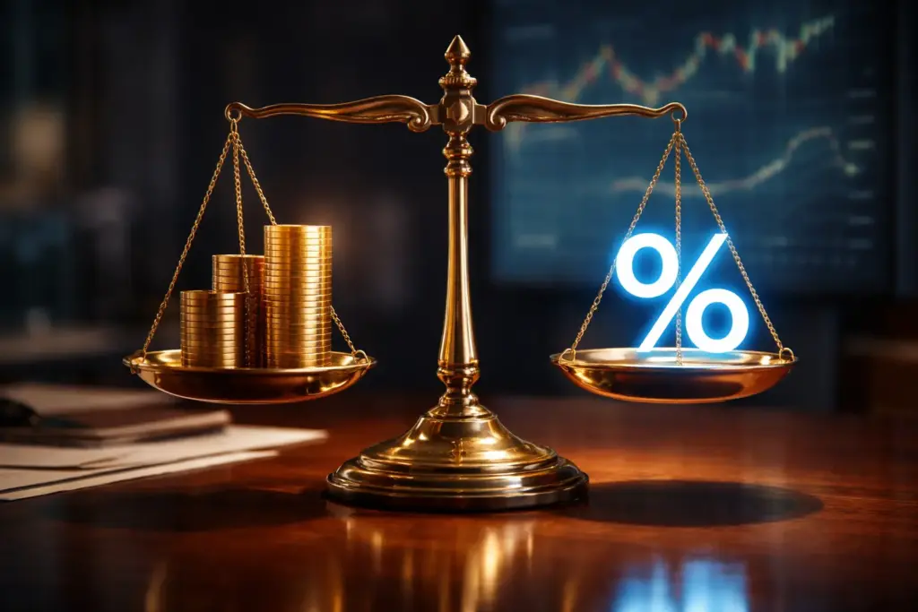 Photorealistic brass balance scale on a polished wooden desk, with stacked gold coins on one side and a glowing percentage symbol on the other, symbolizing the inverse relationship between interest rates and bond prices, with blurred financial charts in the background.