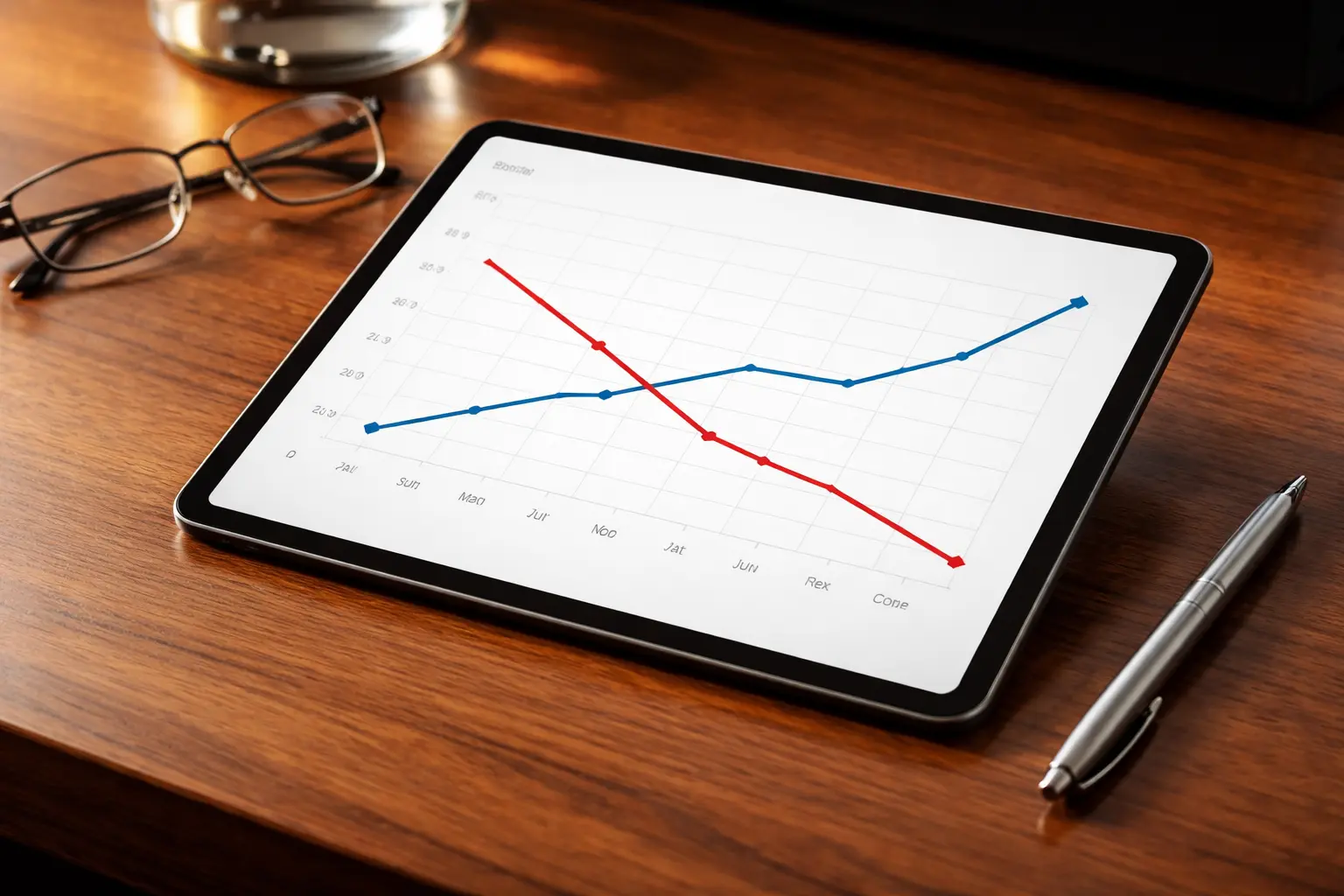 Tablet displaying a financial line graph with inverse relationship, showing red downward trend and blue upward trend on a wooden desk with glasses and pen