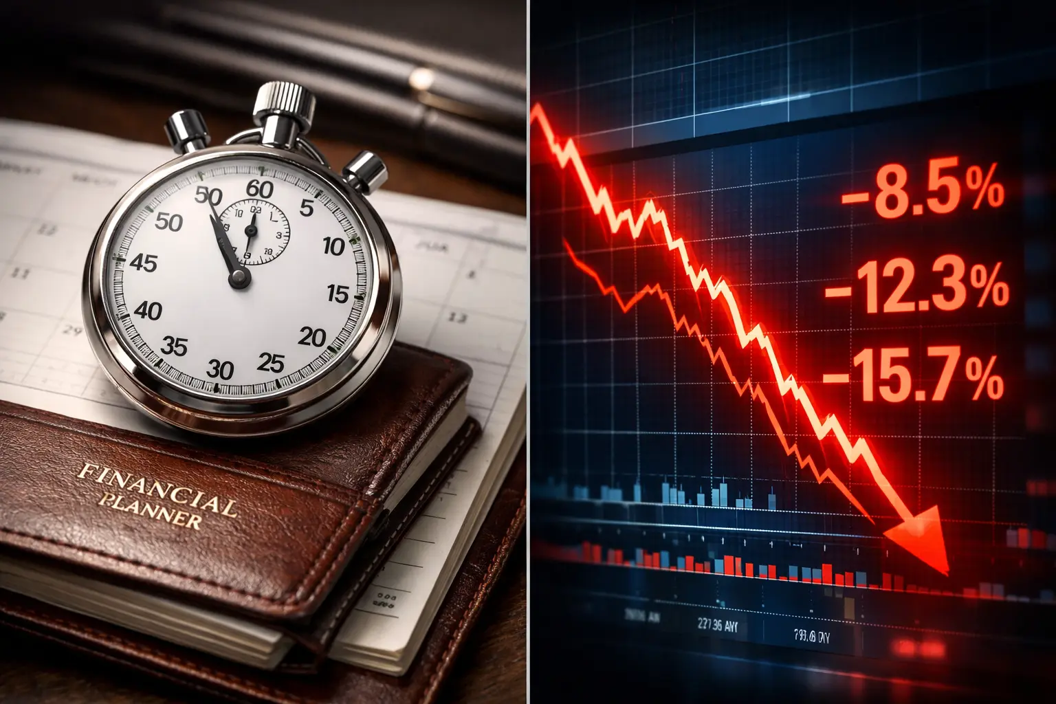 Split-screen image showing a metallic stopwatch on a financial planner alongside a downward trending red stock market chart representing price sensitivity