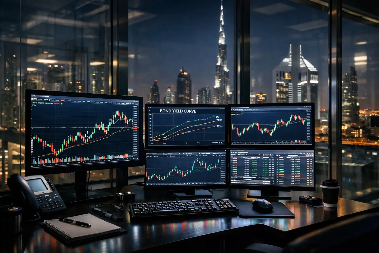Ultra-realistic financial trading desk in Dubai with multiple monitors displaying candlestick charts and bond yield curves in a modern glass office at night