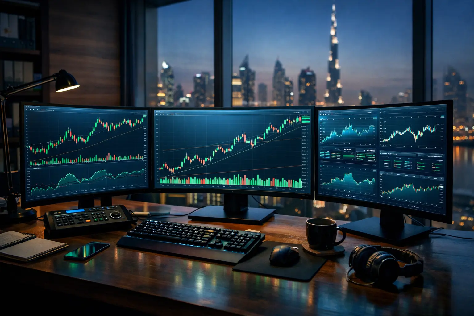 Ultrarealistic trading desk with multiple curved monitors displaying stock market charts in a modern Dubai office with skyline view
