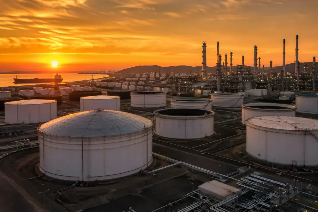 Ultrarealistic wide-angle view of a modern oil refinery and crude oil storage tanks at golden hour, highlighting large-scale energy infrastructure and the global oil industry.