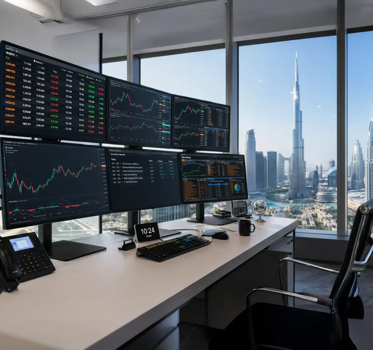 Modern trading desk with multiple monitors displaying global currency charts and financial data in a bright corporate office overlooking the Dubai skyline.