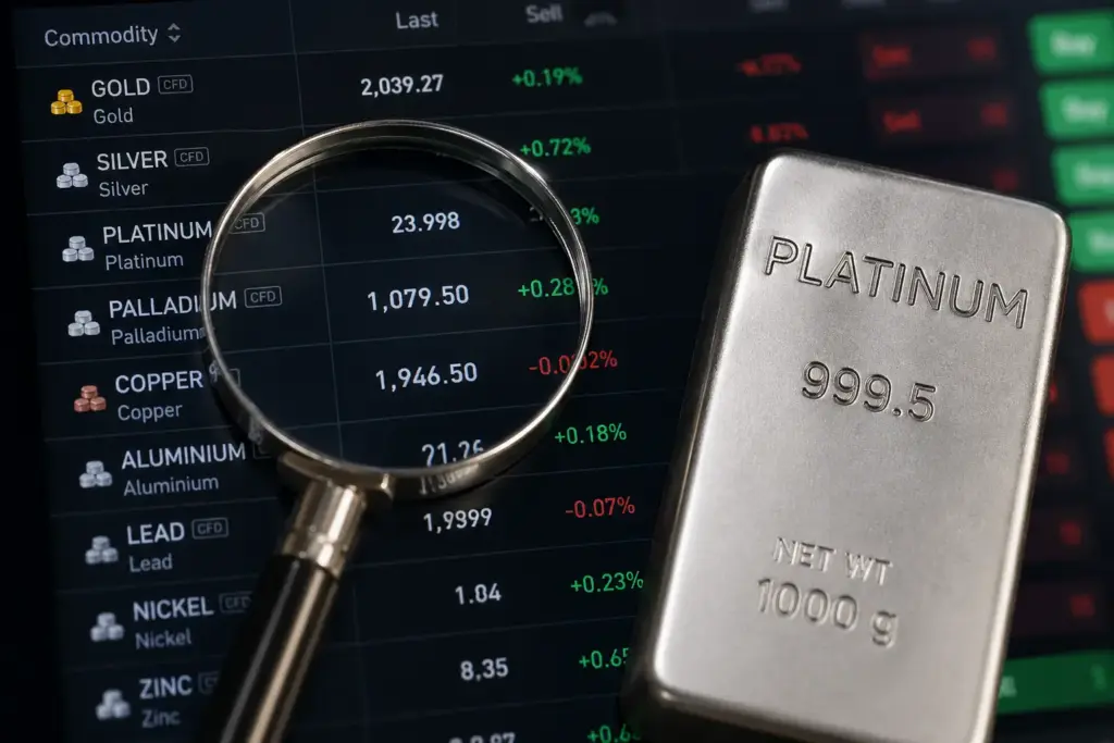 Macro shot of platinum bar with magnifying glass over digital commodity trading screen showing metal price tickers