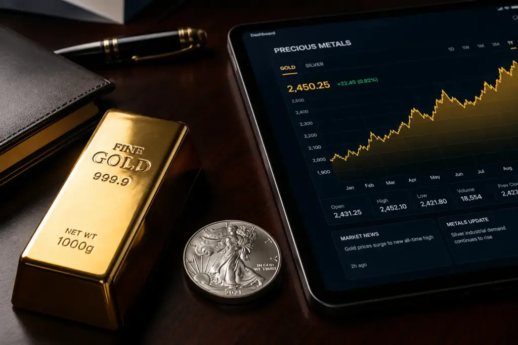 Gold bullion bar and silver coin on a dark wooden desk with a tablet displaying an upward financial market chart