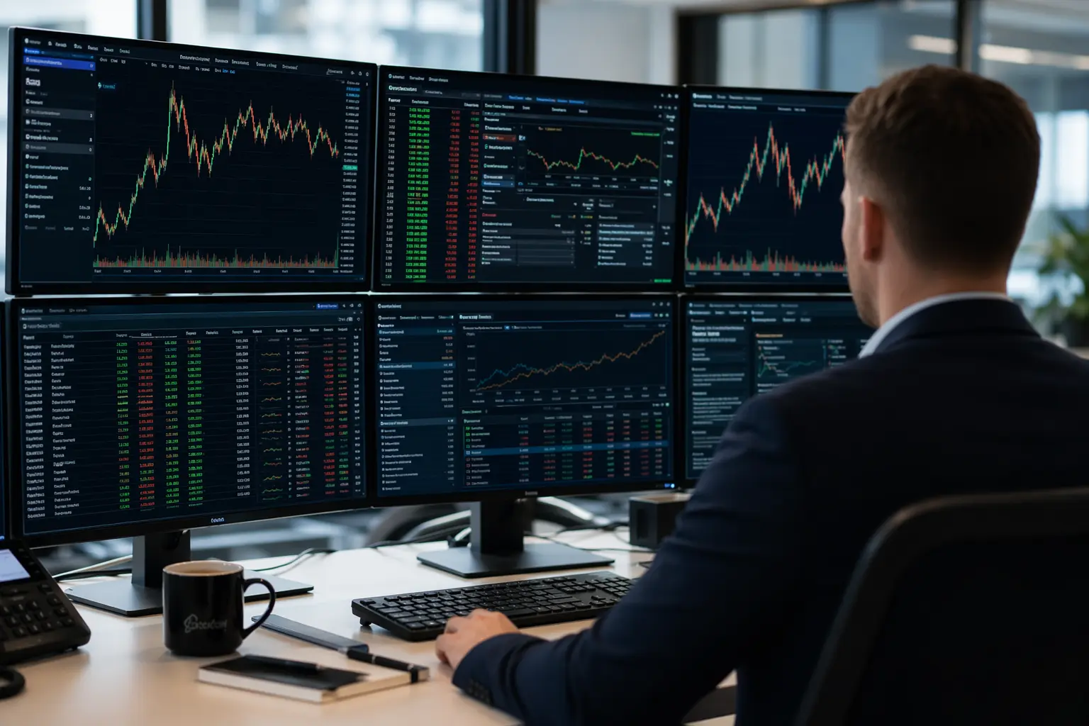 Over-the-shoulder view of a professional trader analyzing financial charts and market data on multiple monitors in a modern office setup