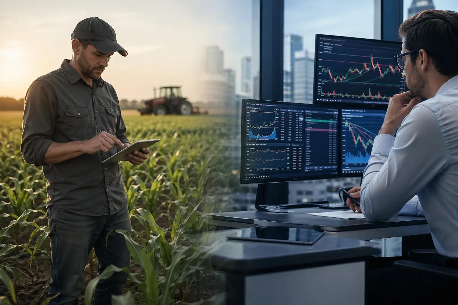 Farmer using a digital tablet in an agricultural field blended with a financial trader analyzing market screens, symbolizing the link between the real economy and financial speculation.