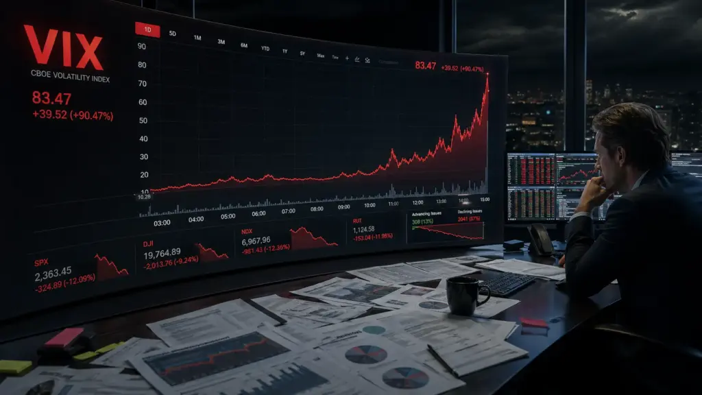 Ultra-wide financial trading screen showing VIX volatility spike during stock market crash with trader analyzing data in dark office