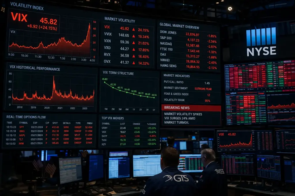 Photorealistic trading floor with large screens displaying VIX volatility spike charts and global stock market data in red and green