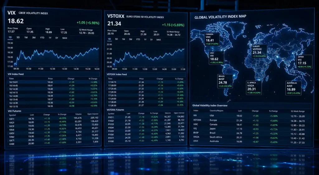 Split-screen trading terminal displaying VIX index, VSTOXX index, and global volatility map with real-time financial data in a dark blue professional environment