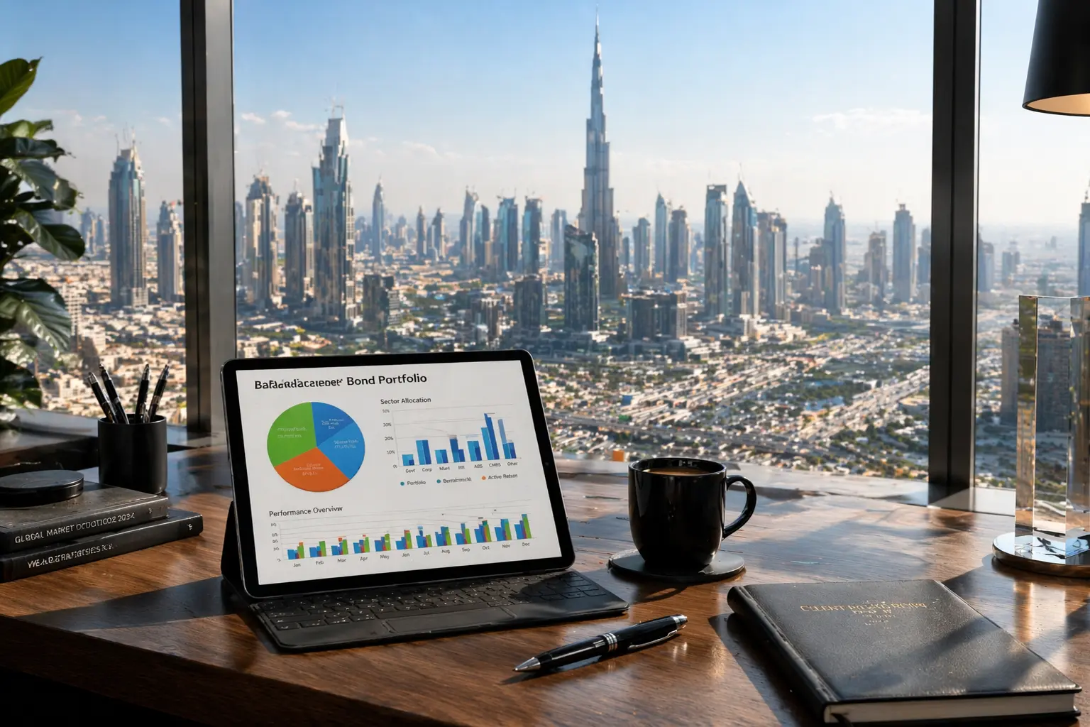 High-angle view of a modern wealth manager desk in Dubai with tablet showing balanced bond portfolio charts, coffee cup and pen with skyline in background