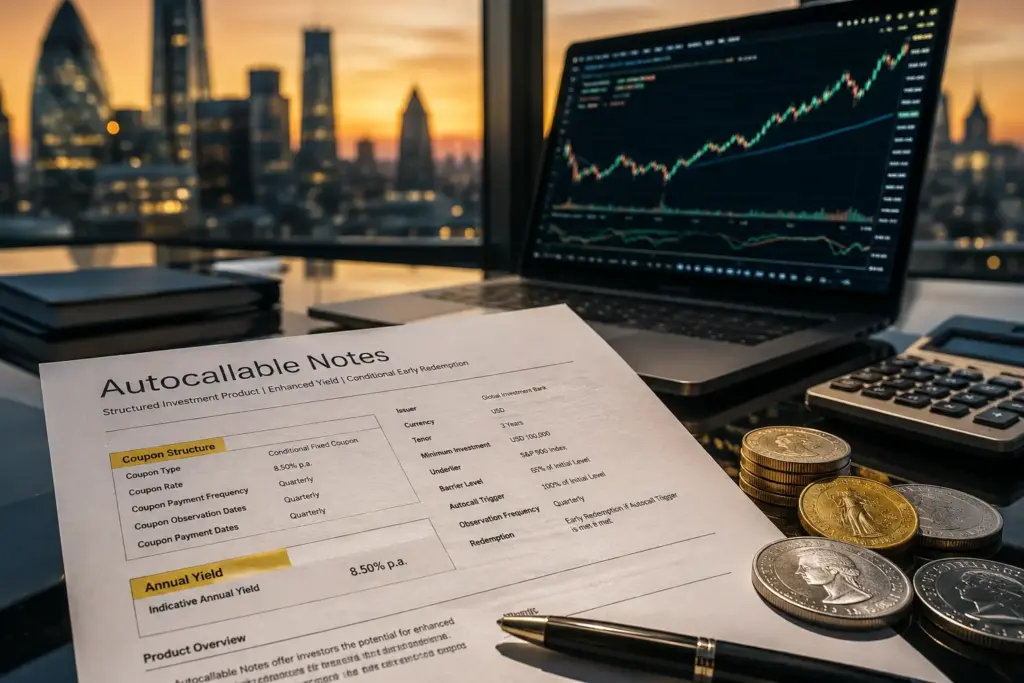 Ultra-realistic financial advisor desk featuring an Autocallable Notes term sheet, investment charts on a laptop, luxury office setting, and premium wealth management atmosphere.