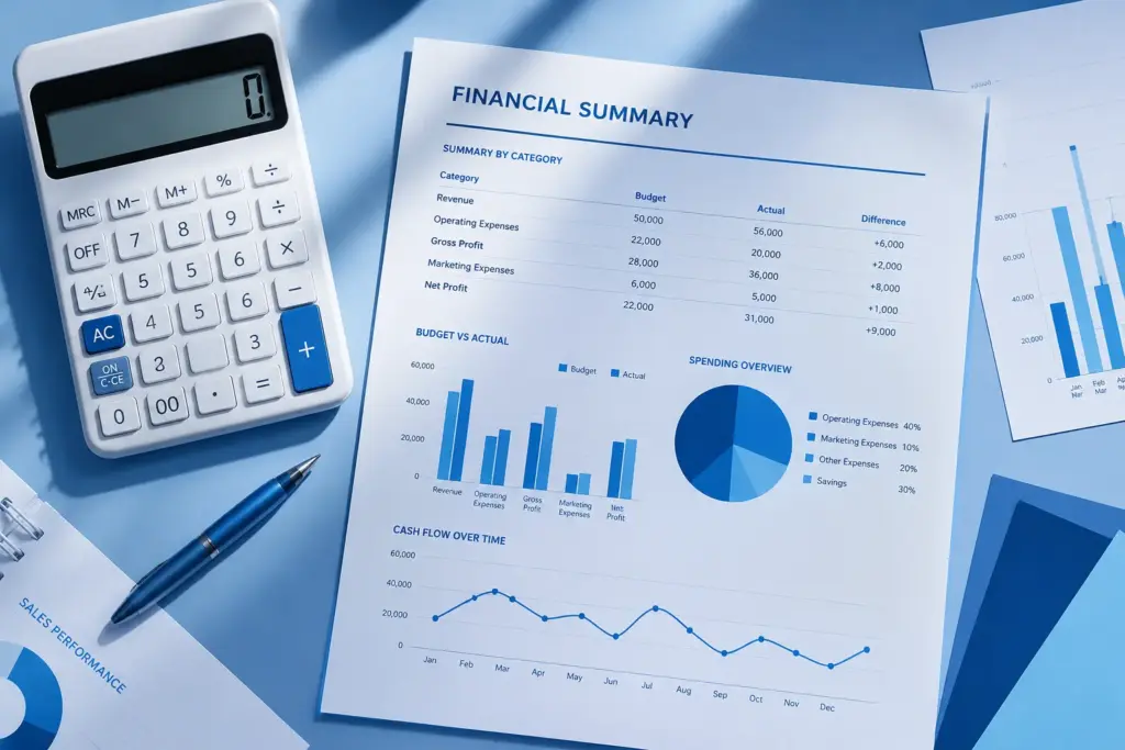 Blue-themed financial analysis workspace with calculator, charts, graphs, and business reports in a clean professional flat-lay setup.