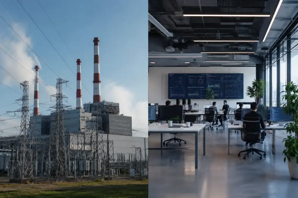 Split ultra-realistic corporate scene comparing a massive industrial power plant with transmission towers and a modern tech office workspace, representing capital-intensive and asset-light industries.