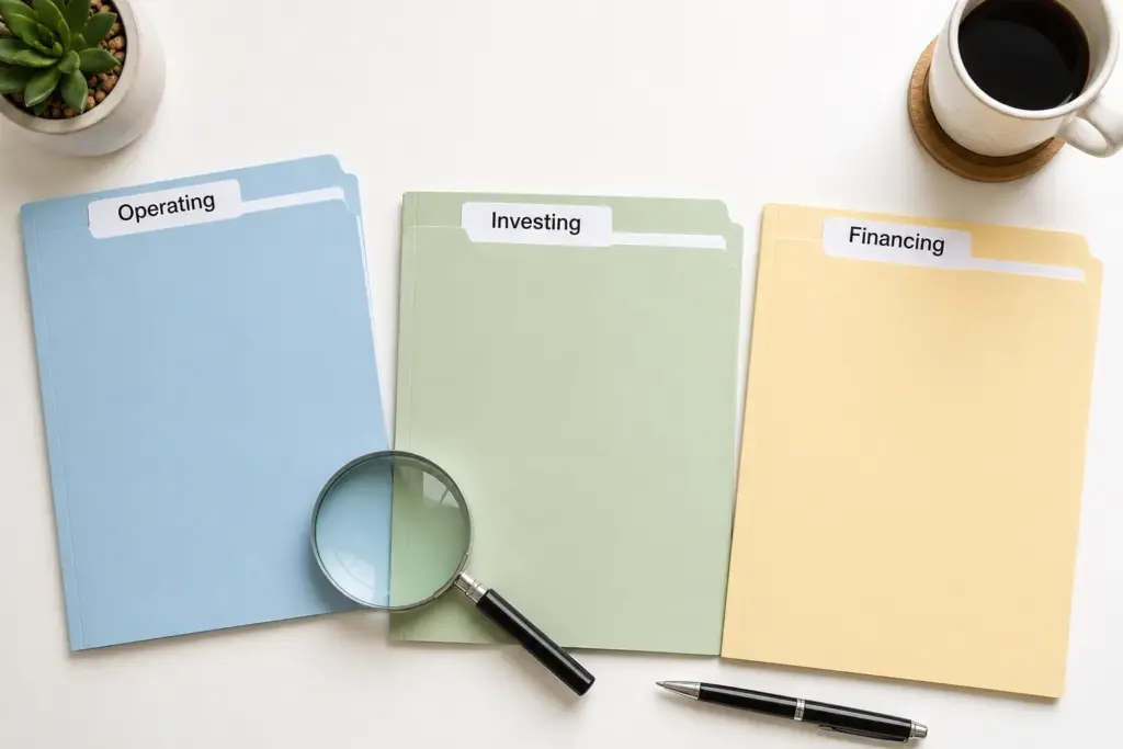 Flat lay of three folders labeled operating, investing, and financing on a white desk with a magnifying glass and pen representing cash flow statement analysis