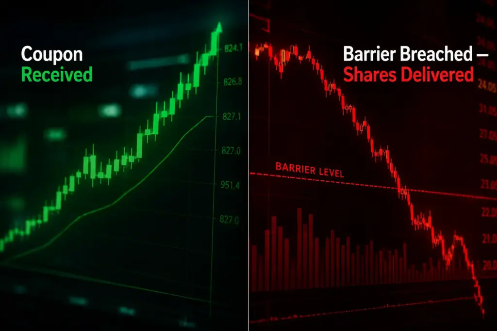 Split-screen financial concept image showing green upward candlestick charts with coupon received on the left side and a red market crash barrier breach with shares delivered on the right side in a dramatic professional investment style.
