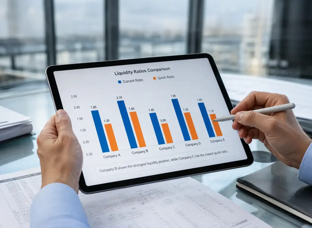Financial analyst using a stylus on a tablet displaying a bar chart comparing current ratio and quick ratio for multiple companies in a modern office environment.