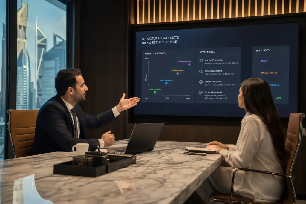 Professional financial advisor explaining a structured product risk and return chart to a client in a modern Dubai DIFC office boardroom with digital financial graphs on screen.