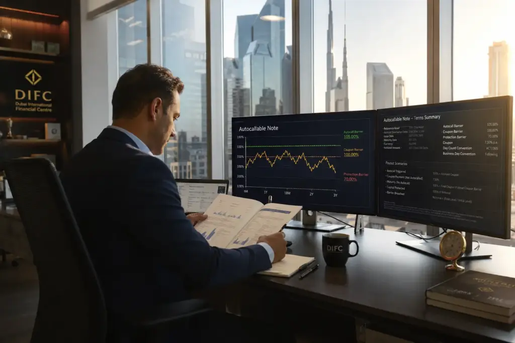 Financial analyst reviewing structured product documents on dual monitors inside a glass-walled Dubai DIFC office during golden hour, with market charts and barrier levels displayed on screens.