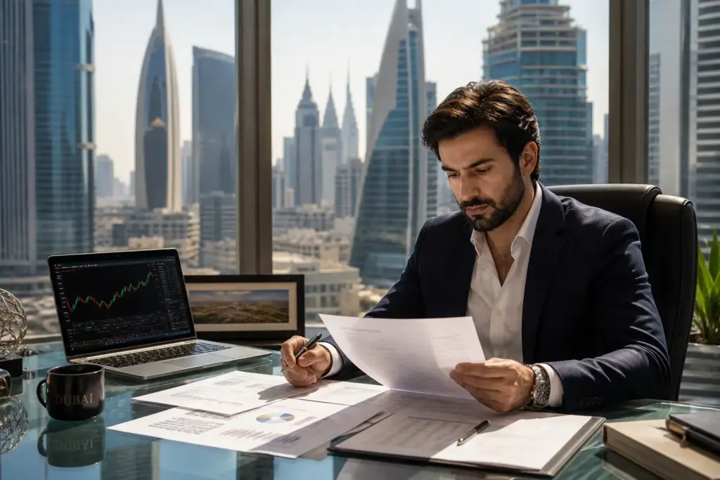Male investor analyzing financial statements with stock charts on laptop in a modern Dubai financial district office