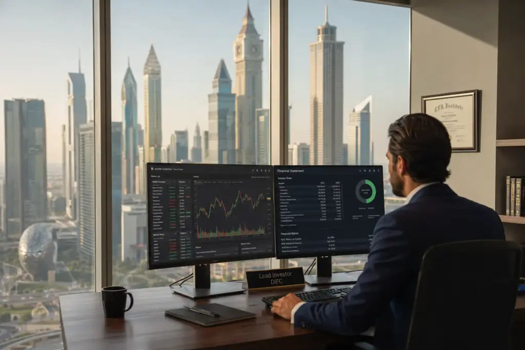 Professional male investor analyzing stock charts, balance sheets, and financial ratios on dual monitors inside a modern Dubai financial office with DIFC skyline view.