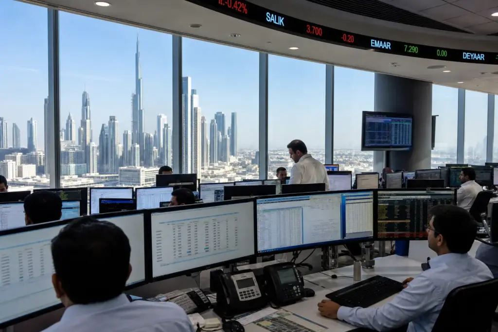 Modern financial trading floor in Dubai with analysts monitoring balance sheet data and stock market charts on multiple screens, with Dubai skyline visible through large windows.