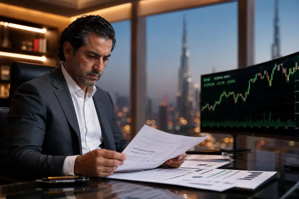 Middle Eastern investor analyzing financial reports in a modern Dubai office with stock market charts on screen