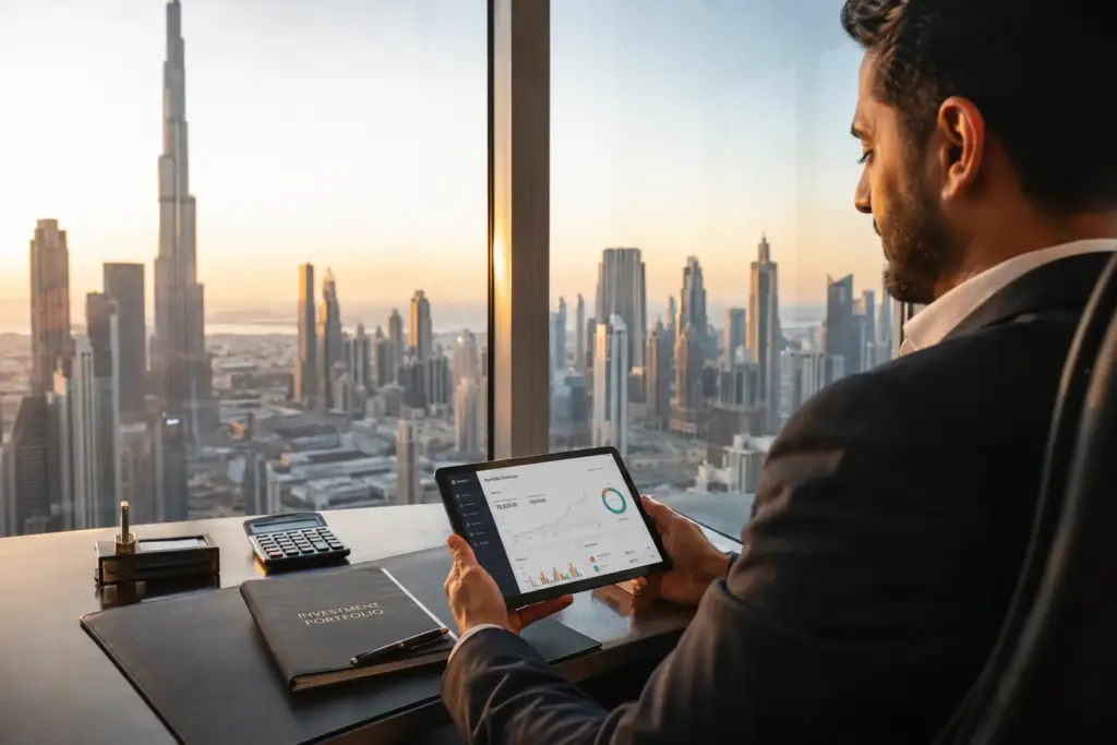 Confident investor reviewing financial reports on a tablet in a modern Dubai office overlooking the city skyline during golden hour.
