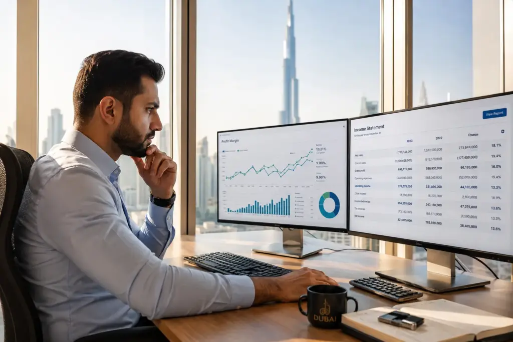Focused male investor in a modern Dubai office reviewing profit margin charts and income statements on dual monitors with warm morning sunlight and a clean workspace.