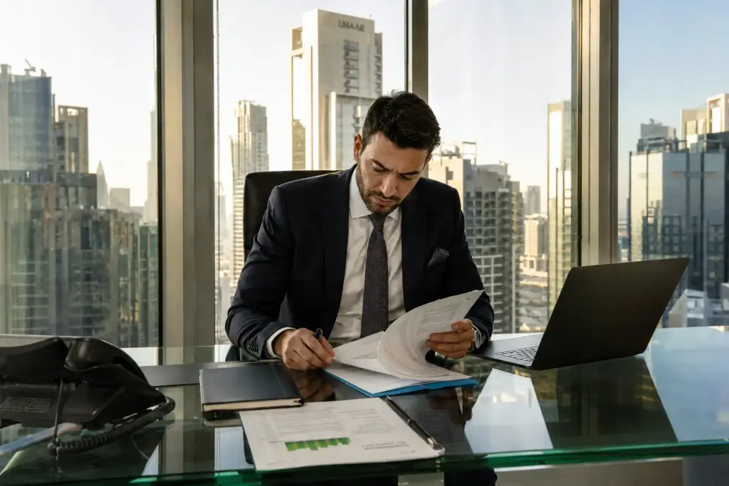Professional investor reviewing structured investment documents at a sleek glass desk in a modern Dubai financial district office with skyline views and golden afternoon lighting.
