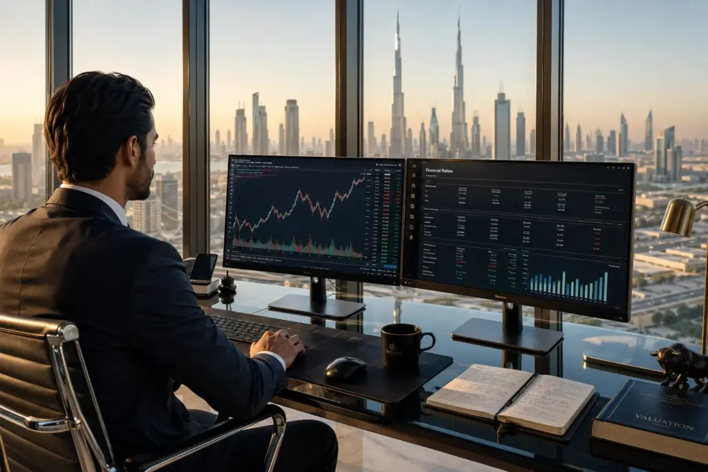 Professional male investor in a modern Dubai office analysing stock charts and financial ratios on dual monitors with the Dubai skyline visible through floor-to-ceiling windows.