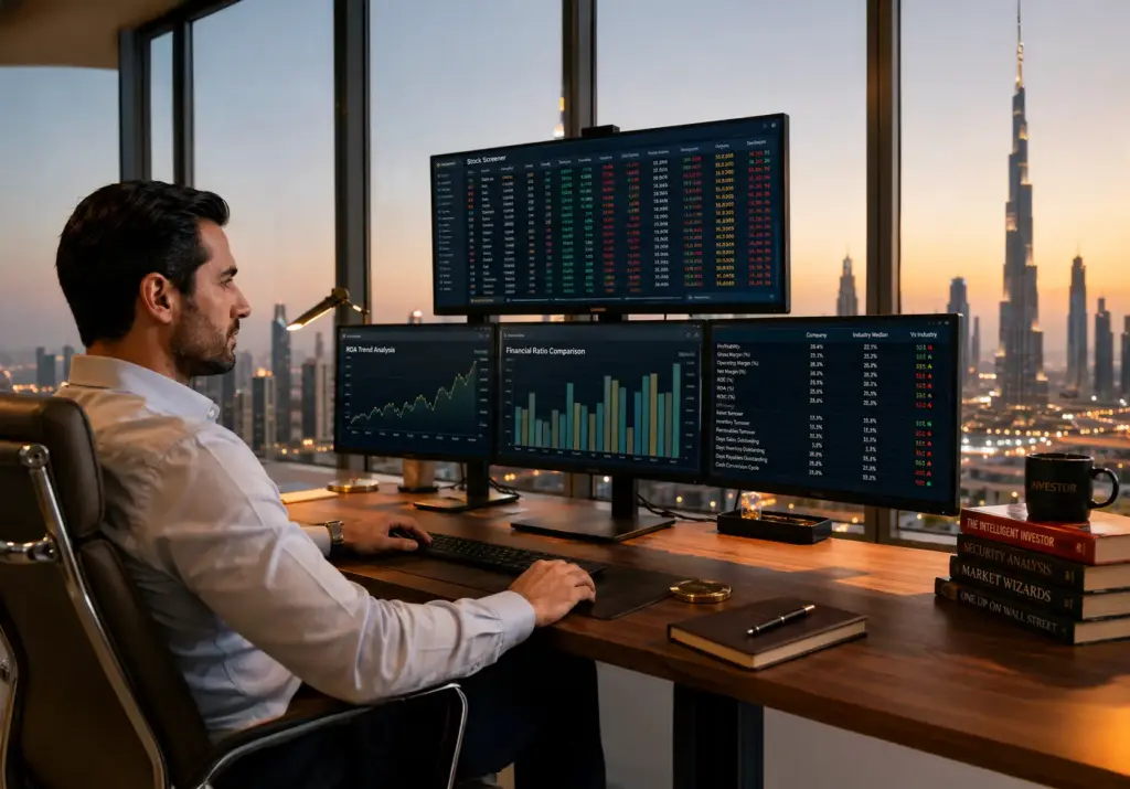 Professional investor in a modern Dubai office reviewing stock screening dashboards, ROA trend graphs, and financial ratio analysis on multiple trading monitors during evening hours.