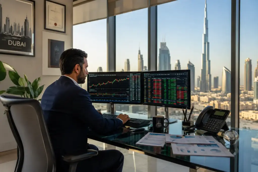 Professional investor reviewing stock charts and financial reports on dual monitors inside a modern Dubai financial district office with skyline view.