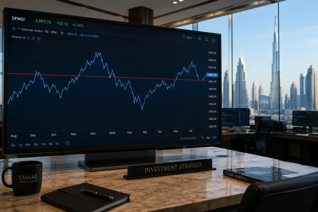 Ultrarealistic 3D financial stock index chart crossing above and below a red support resistance line on a large trading screen inside a modern Dubai investment office with skyline views.