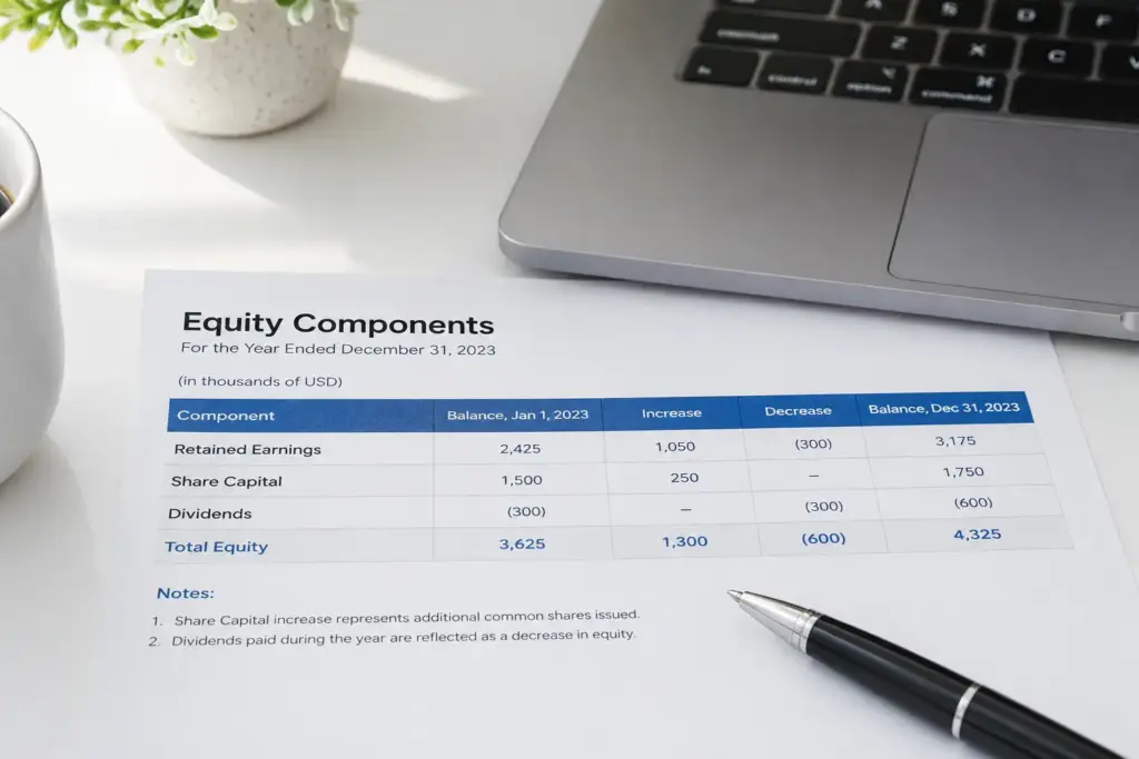 Close-up of financial spreadsheet showing equity components including retained earnings, share capital, and dividends on a white desk with laptop and pen in natural daylight