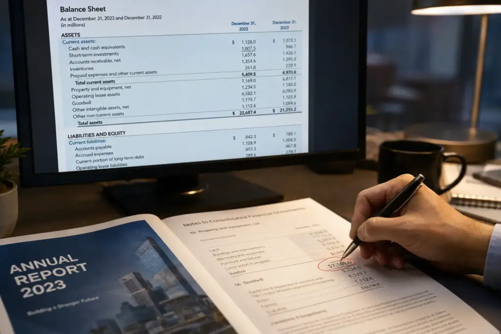 Close-up of a financial analyst’s desk with a monitor displaying a company balance sheet and an annual report with financial figures highlighted under warm office lighting.