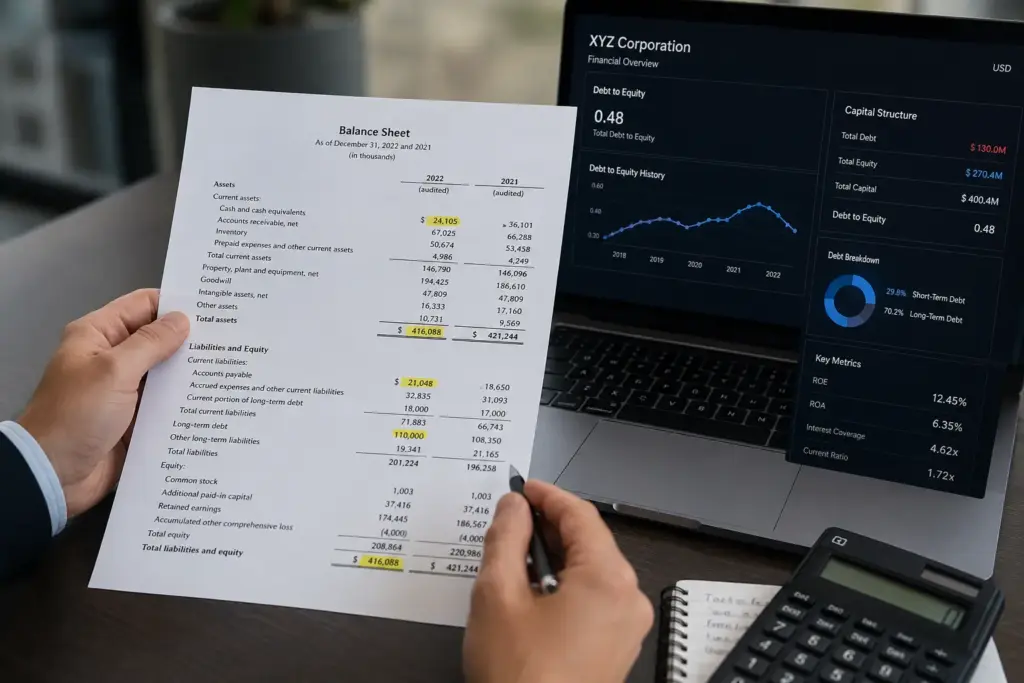 Close-up of a financial analyst reviewing a printed balance sheet beside a laptop displaying stock analysis dashboard metrics for debt and equity in a professional office environment.