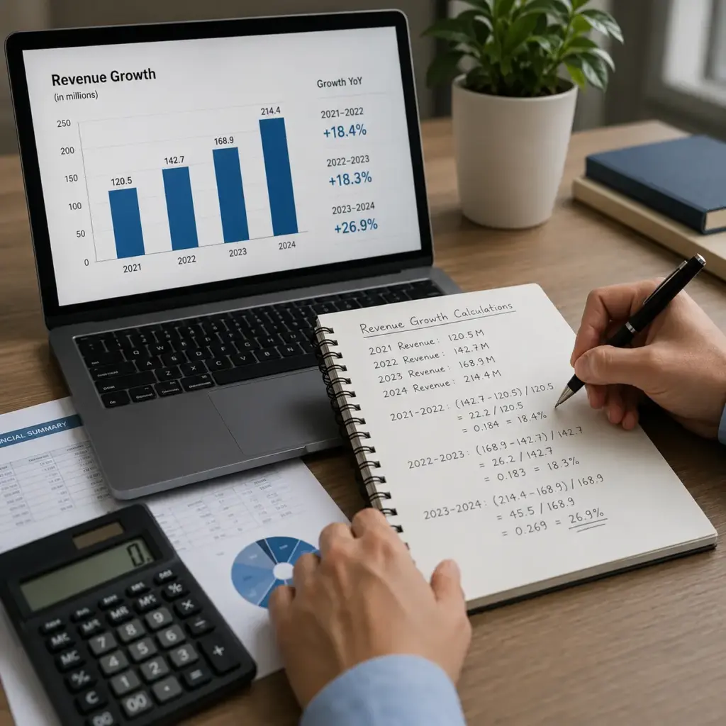 Financial analyst writing revenue growth calculations on a notepad beside a laptop displaying bar charts and percentage growth figures in a modern office.