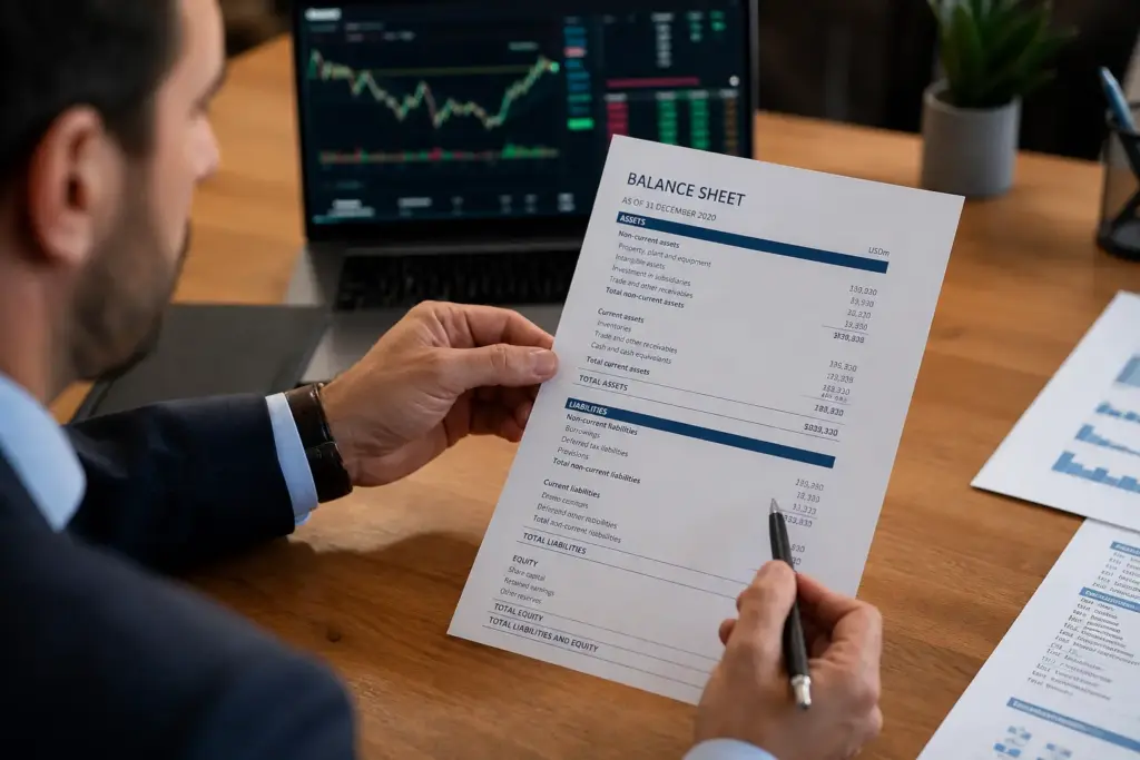 Financial analyst reviewing a printed balance sheet on a wooden desk with laptop displaying stock market charts in a professional office setting