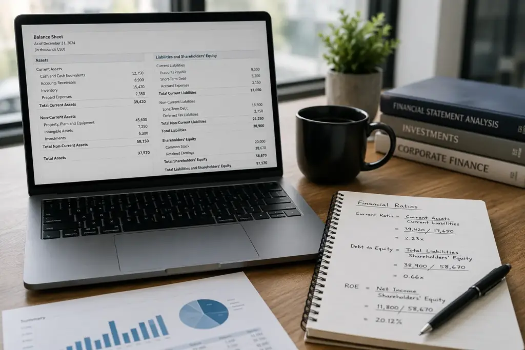 Modern financial analyst workspace with laptop displaying balance sheet data, financial ratio calculations on a notepad, and coffee on a professional office desk.