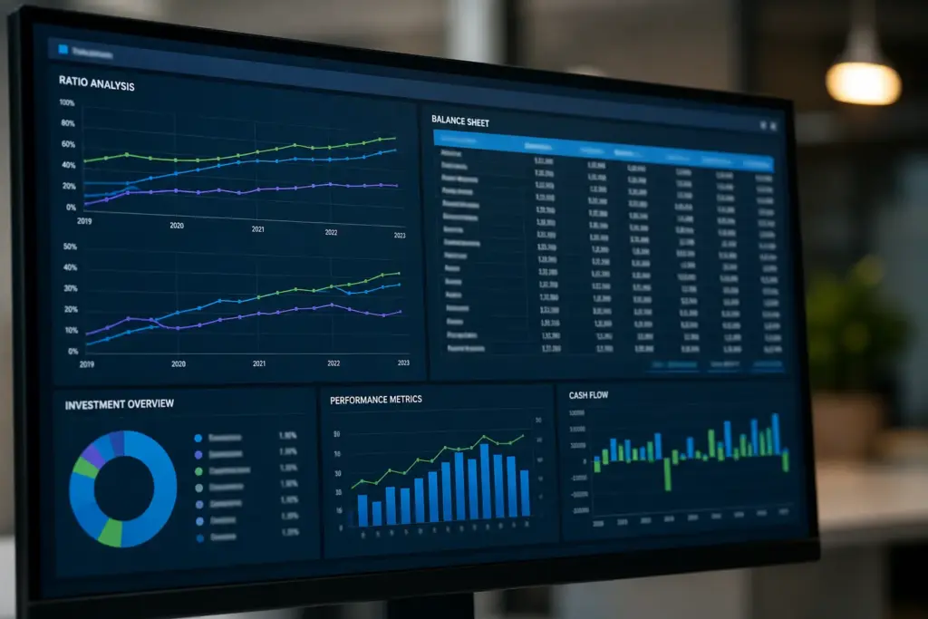 Close-up of a financial dashboard displaying ratio analysis charts, balance sheet tables, and investment performance metrics on a large monitor in a modern office
